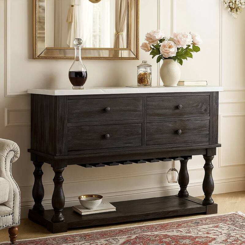 Four Drawers Wooden Server with Marble Top, White and Brown