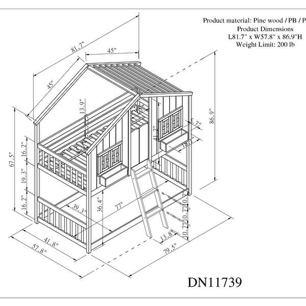 Elegance Unique Design Wood House Roof bunk Bed,Minimalistic Design Kid's Bunk Bed,Gray