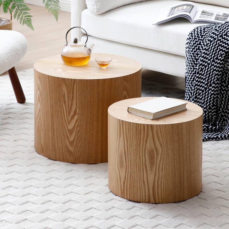 Wood Grain Coffee Table Set of 2 Round Nesting Side Table Lightweight End Table Modern Accent Table, No Assembly Required