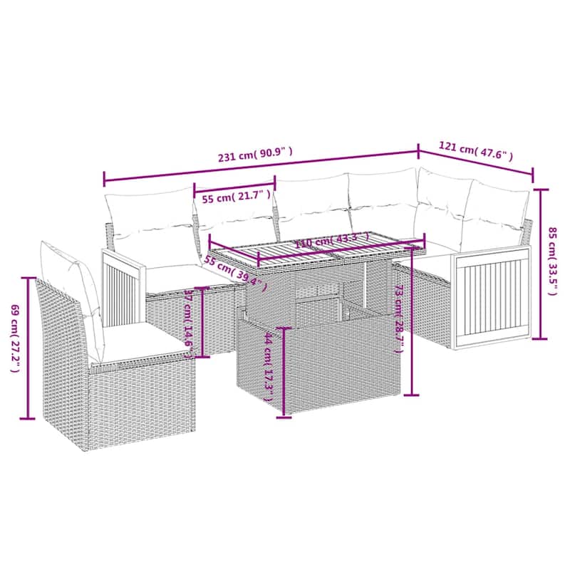 vidaXL Patio Sofa Set with Cushions Outdoor Furniture 7 Piece Poly Rattan - 21.7 x 39.4 x 28.7 in