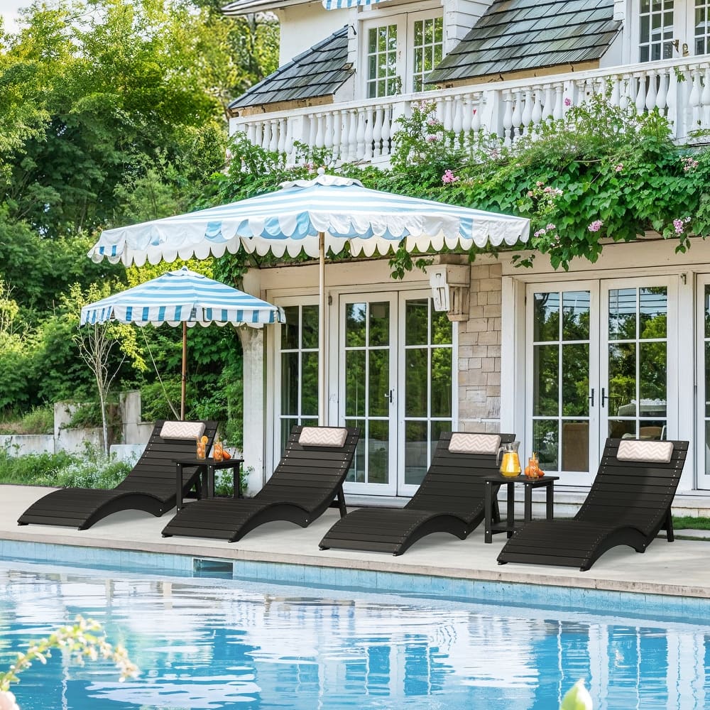 4-Piece Folding HDPS Plastic Outdoor Pool Chaise Lounges with Headrest Cushion