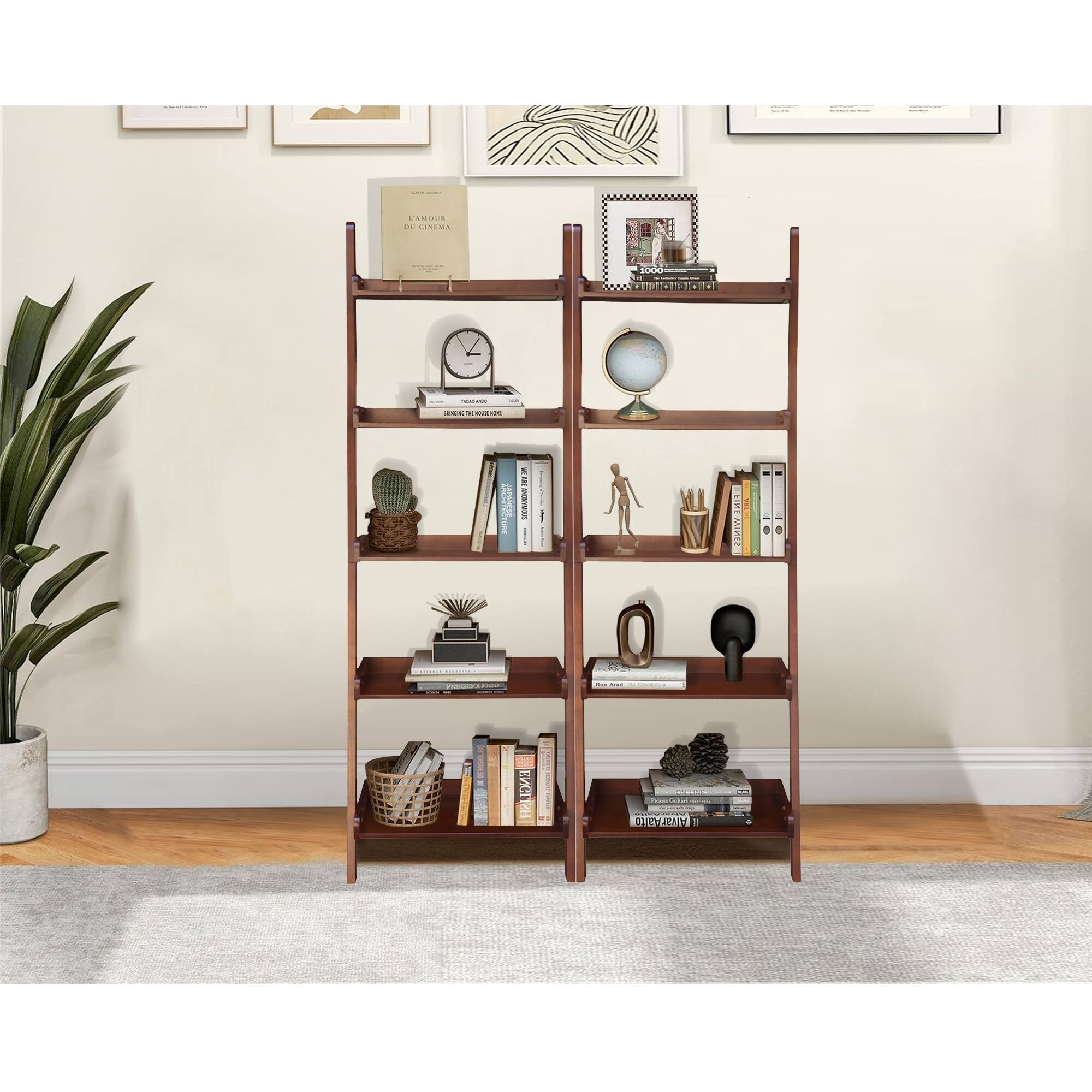 Solid Wood Lean-to 5-tier Shelf Unit Set (Set of 2)