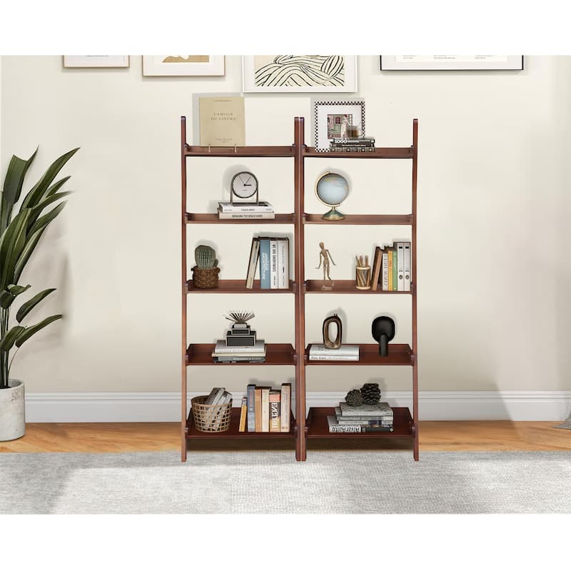 Solid Wood Lean-to 5-tier Shelf Unit Set (Set of 2) - Espresso