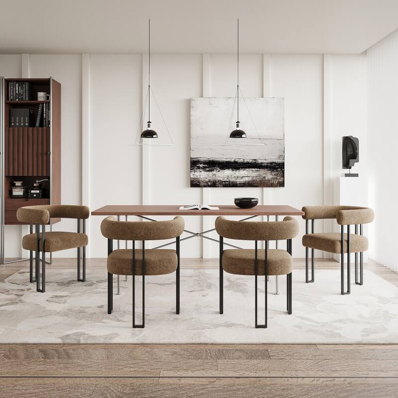 Set of 2 Upholstered Dining Chairs, Bouclé Fabric Accent Chairs with Metal Frame, with Cushioned Seat & Back