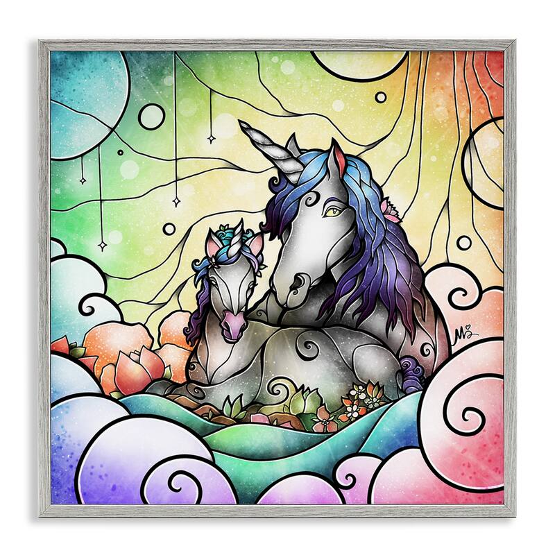 Stupell Deco Style Unicorns Framed Giclee Art Design By Mandie Manzano - 12 x 12 - Grey