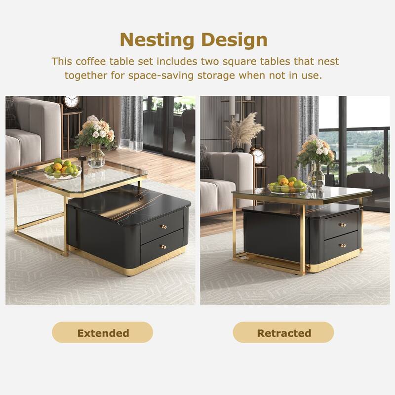 Modern 2 Pieces Square Nesting Coffee Table with Drawers
