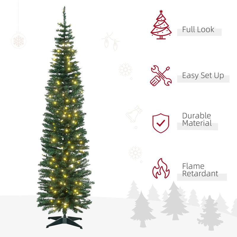 HOMCOM 7ft Tall Pre-Lit Slim Noble Fir Artificial Christmas Tree with Realistic Branches, 200 Warm White LED Lights, Green