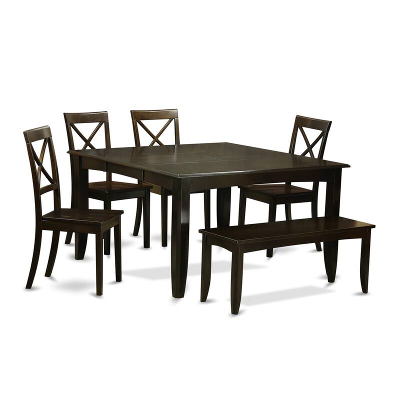 East West Furniture Dining Table Set Contains a Square Table with Butterfly Leaf and 4 Dining Chairs with a Bench, Cappuccino - PFBO6-CAP-W