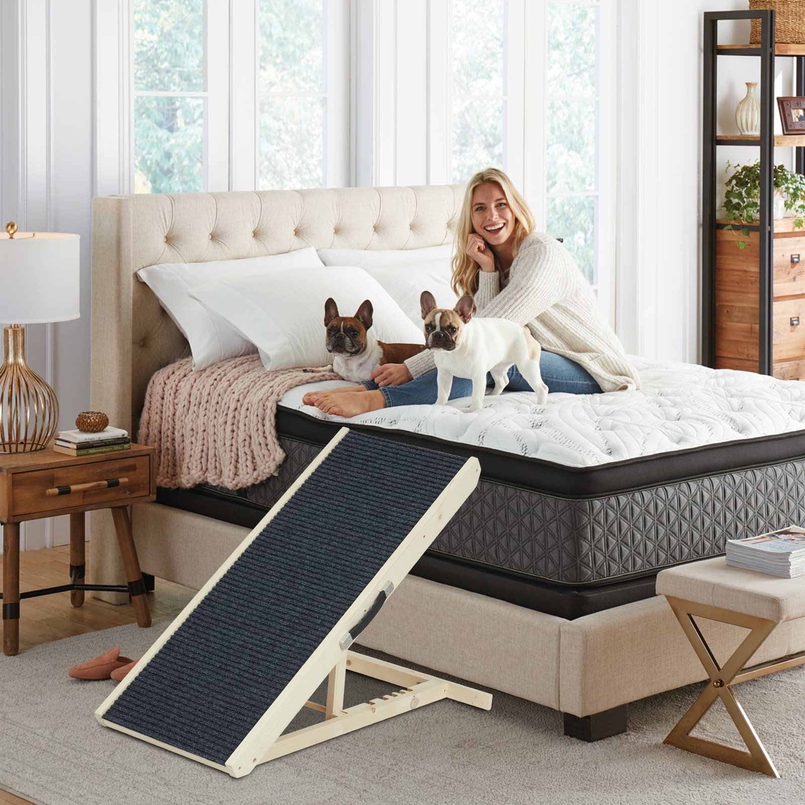 Dog Ramp Height Adjustable Wooden Folding Pet Ramp with Paw Traction