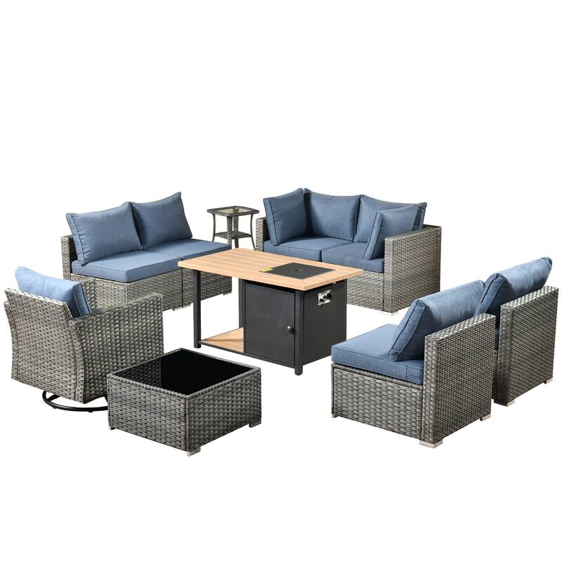 HOOOWOOO 10-piece Grey Rattan Patio Furniture Set with Fire Pit