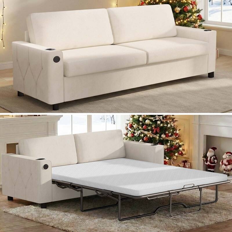 Mixoy Pull Out Sofa Bed,Sleeper Sofa Couch with Memory Foam Mattress,Cup Holder,USB,Pull Out Couch Bed - Queen Size - Beige
