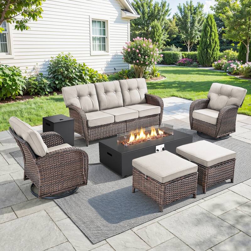 Pocassy 43-In Fire Pit w/ Outdoor Sofa Swivel Chair Ottoman Set - Brown Wicker Beige Cushion - 6PCS Fire Table w/ T-Sofa Swivel Chair Ottoman