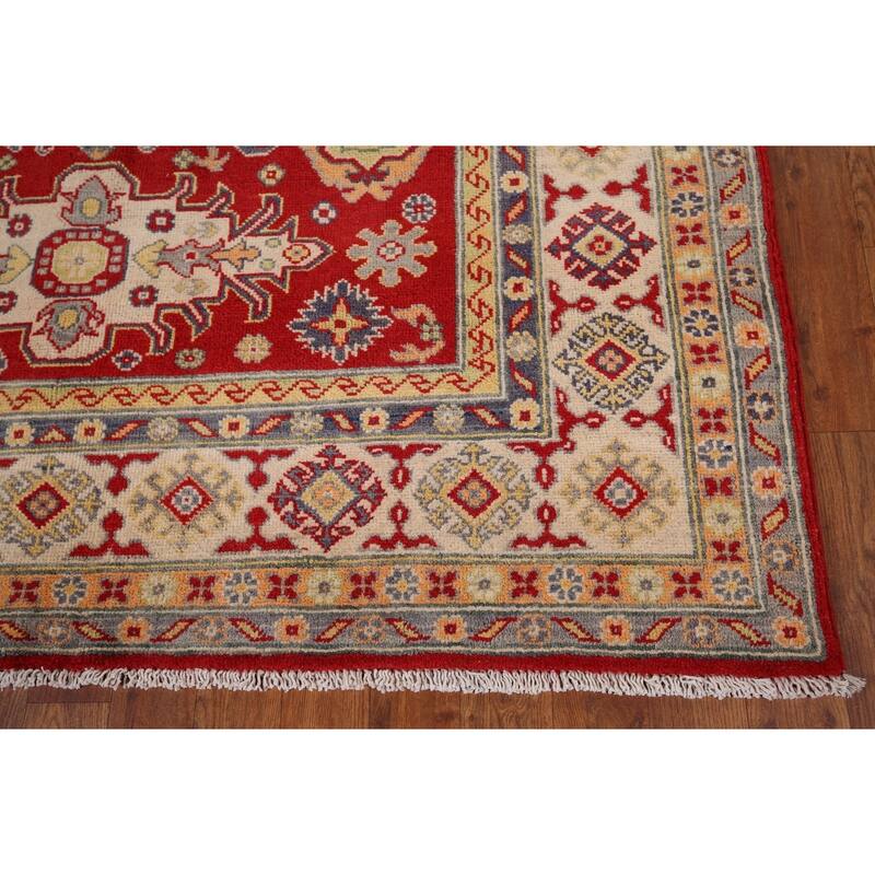 Red Geometric Kazak Area Rug Handmade Traditional Oriental Wool Carpet - 4'10" x 6'8"