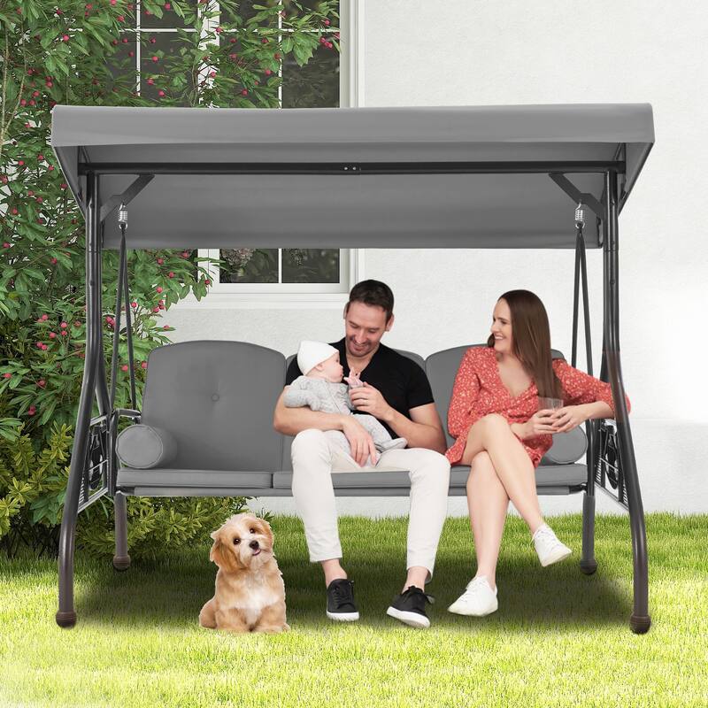 3-Seat Outdoor Porch Swing with Adjustable Canopy & Stand, Convertible Bed, All-Weather, Thickened Cushions & Cup Holders