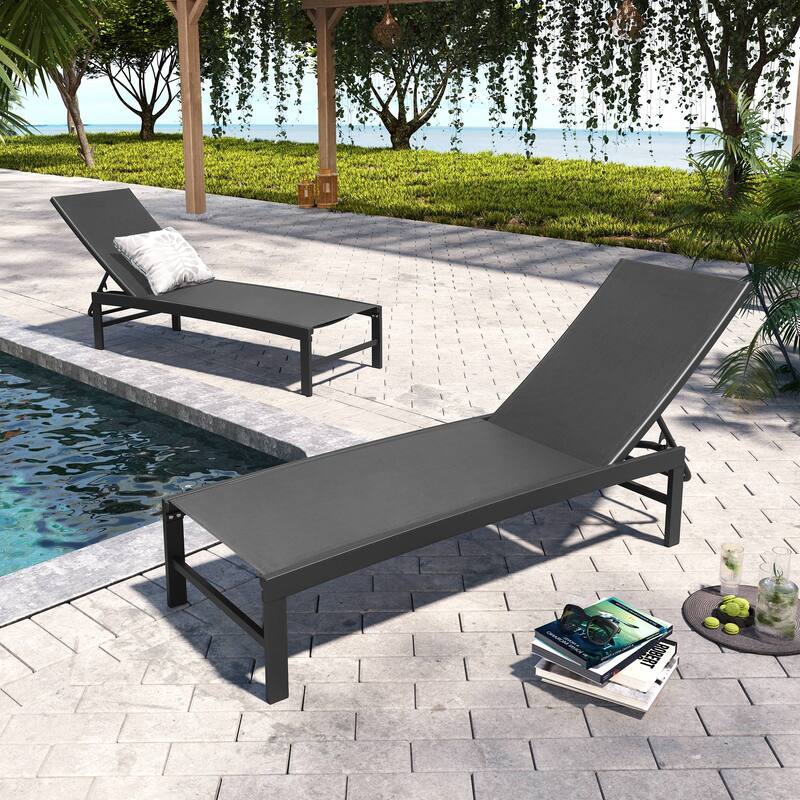 Pellebant Adjustable Aluminum Patio Chaise Lounge Chairs Outdoor (Set of 2) - Black Fabric, DarkGrey Frame
