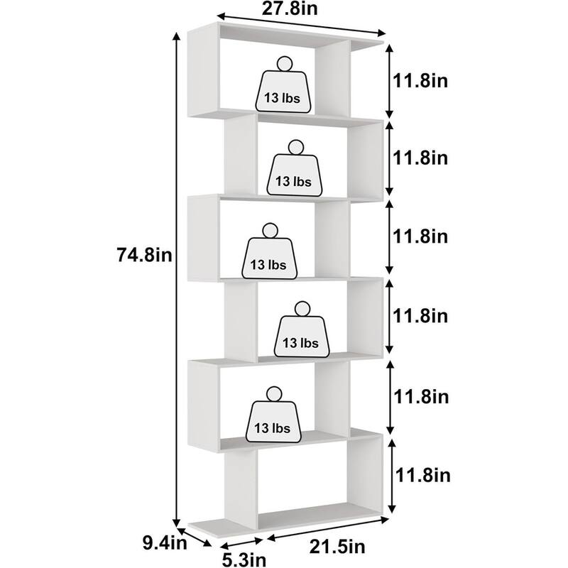 S-Shaped Bookshelf, Black Geometric Bookcase for Home & Office - White/6 Tier