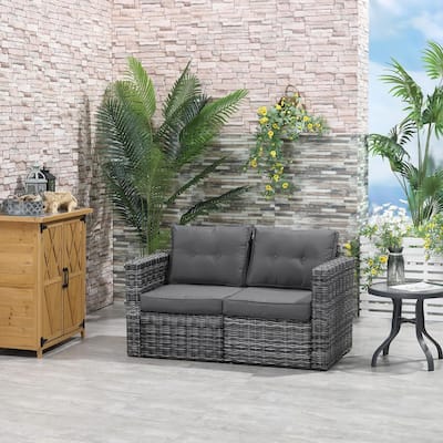 2-Piece PE Rattan Corner Sofa with Curved Armrests and Padded Cushions