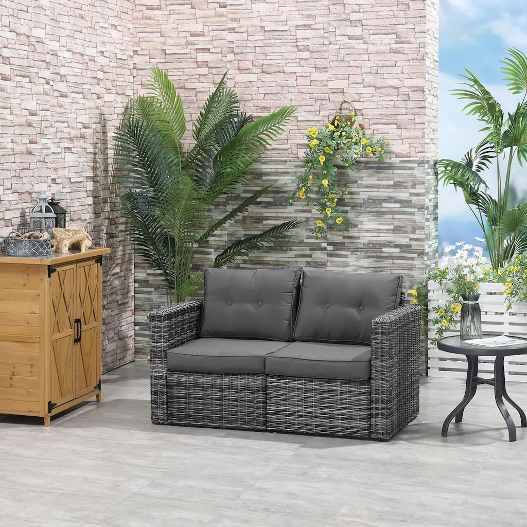 2-Piece PE Rattan Corner Sofa with Curved Armrests and Padded Cushions