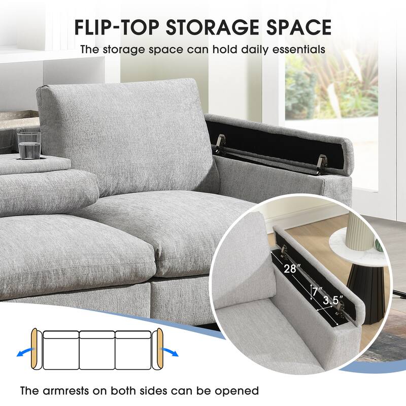96*35'' Chenille Sectional Sofa with Bluetooth Speaker, Drop Down Table & More