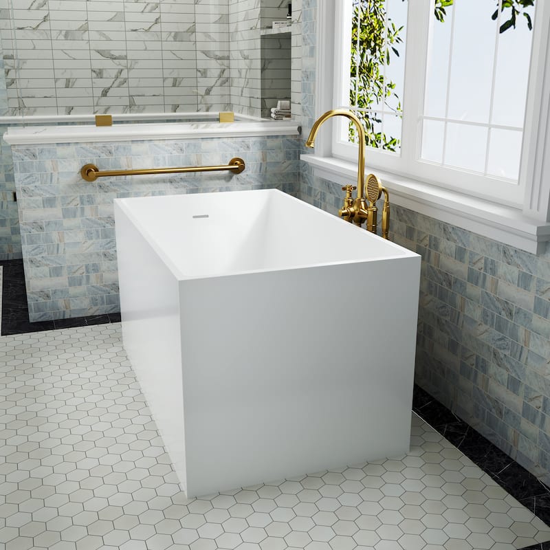 43 in. Freestanding Acrylic Japanese Soaking Bathtub, Compact Space-Saving Design with Included Drainer