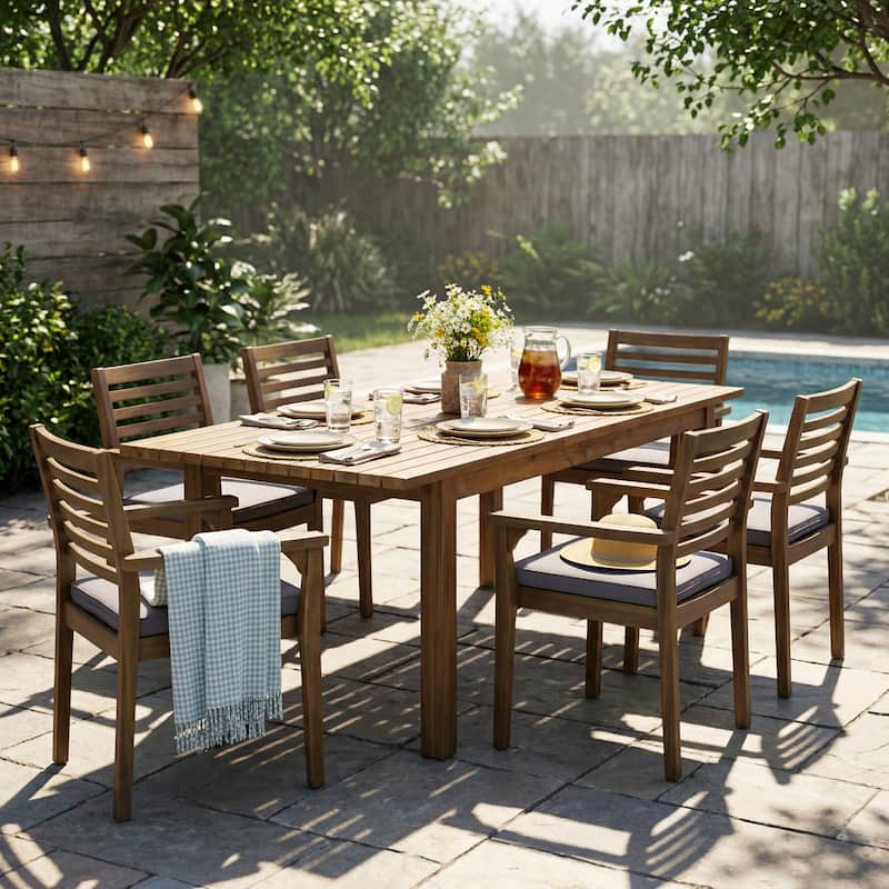 Christopher Knight Home - Modern 7-Piece Solid Acacia Wood Extendable Outdoor Dining Set with Cushioned Armchairs - Dark Grey+Teak