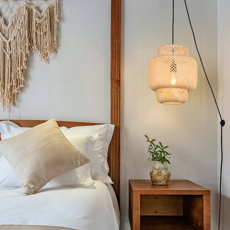 Adjustable Handmade Bamboo Contemporary Farmhouse Rustic Celling Hanging Wall Lamp - Plug in Rattan Lantern Chandelier Lights