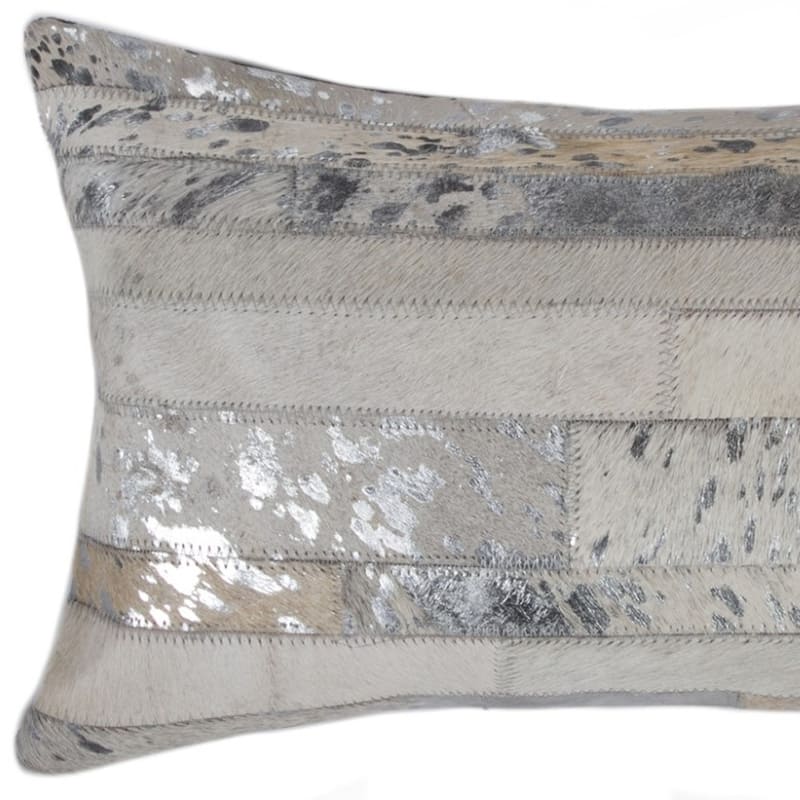 HomeRoots 12" X 20" Gray and Silver Striped Cowhide Lumbar Throw Pillow