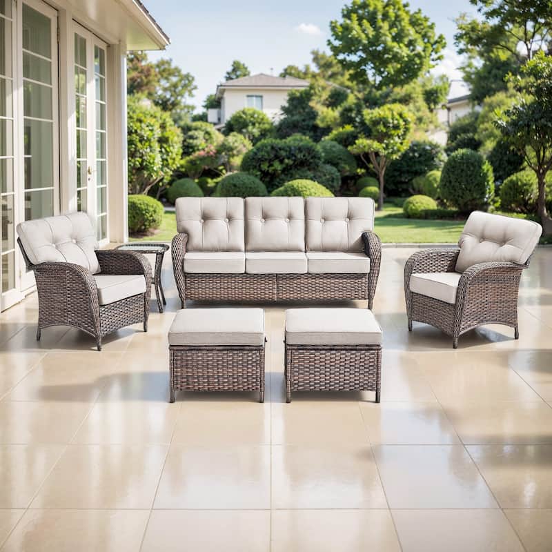 TWrap 6-Piece Patio Brown Wicker Sofa Conversation Set with 5-Inch Thick Cushions - Brown/Beige - 6-Piece