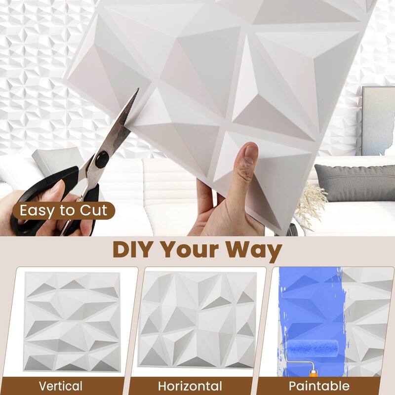Costway 50/100 Pack 3D Wall Panels, PVC Diamond Textured Wall Tiles