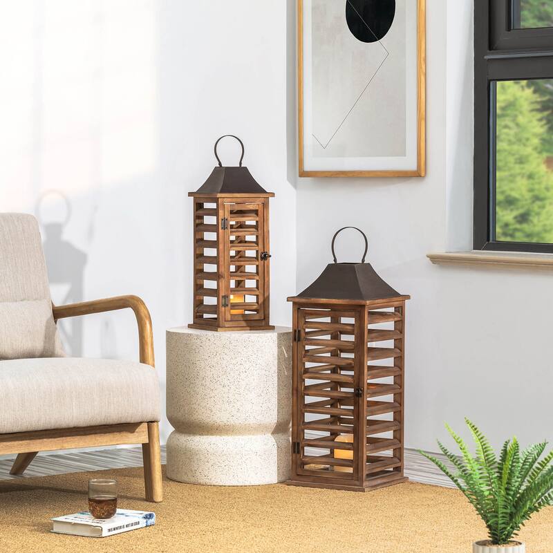 Glitzhome Set of 2 Modern Wooden Shutter Floor Candle Lanterns Fall Wedding Decor