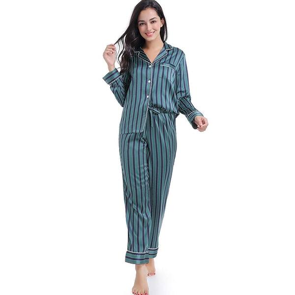 Shop Serenedelicacy Women S Silky Satin Pajamas Stripe Deep Jungle Navy Size 4 0 Stripe Deep Jungle Navy 4 On Sale Overstock 29764019