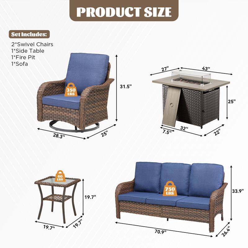 Cavira Brown Wicker Patio Fire Pit Conversation Set with Swivel Gliders