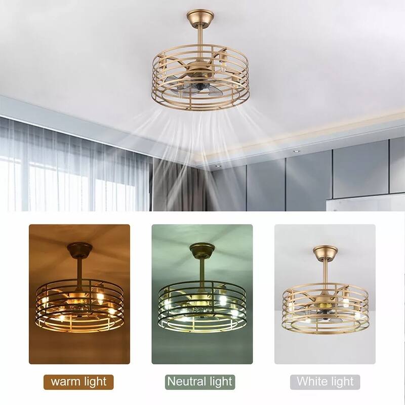 Gold Caged Ceiling Fan Light Chandelier Pedant Lamp with Remote - 20" x 7"