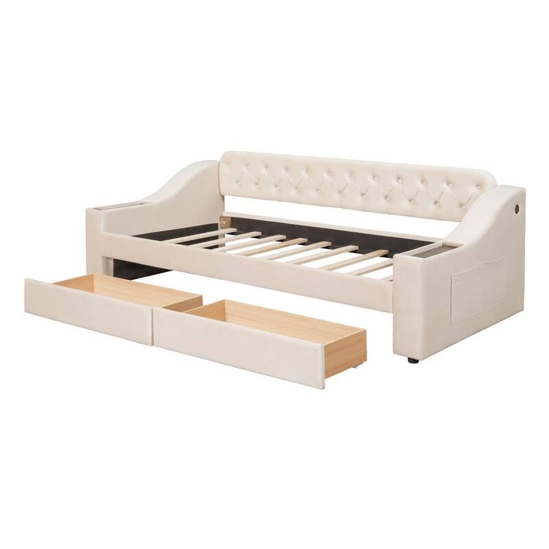 Twin Size Upholstered Daybed with Storage Armrests and USB Port