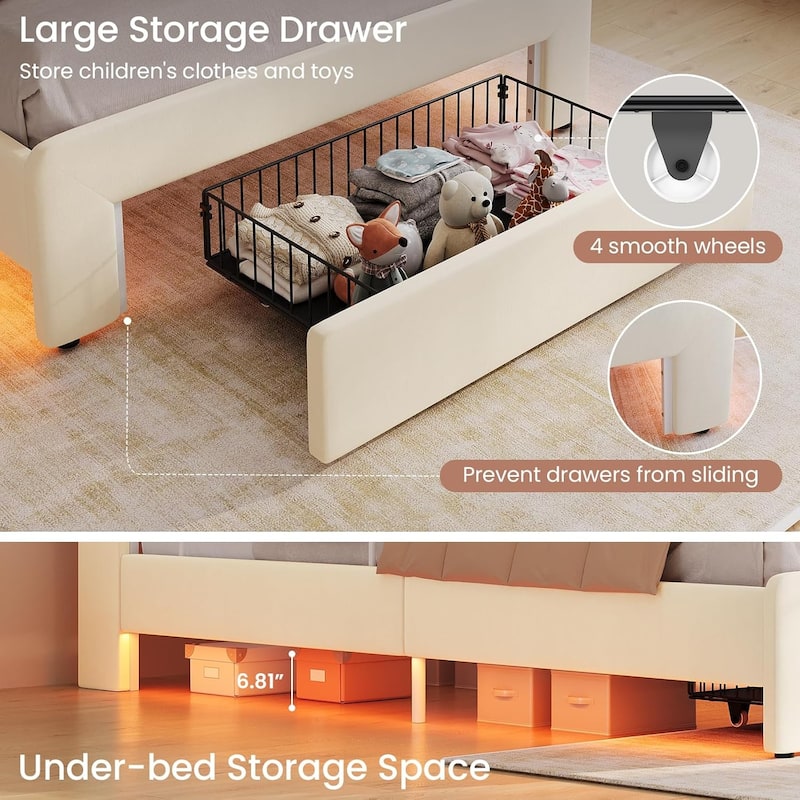 LED Bed Frame Storage DrawerSafety Guardrails Velvet Princess Platform Bed Kids