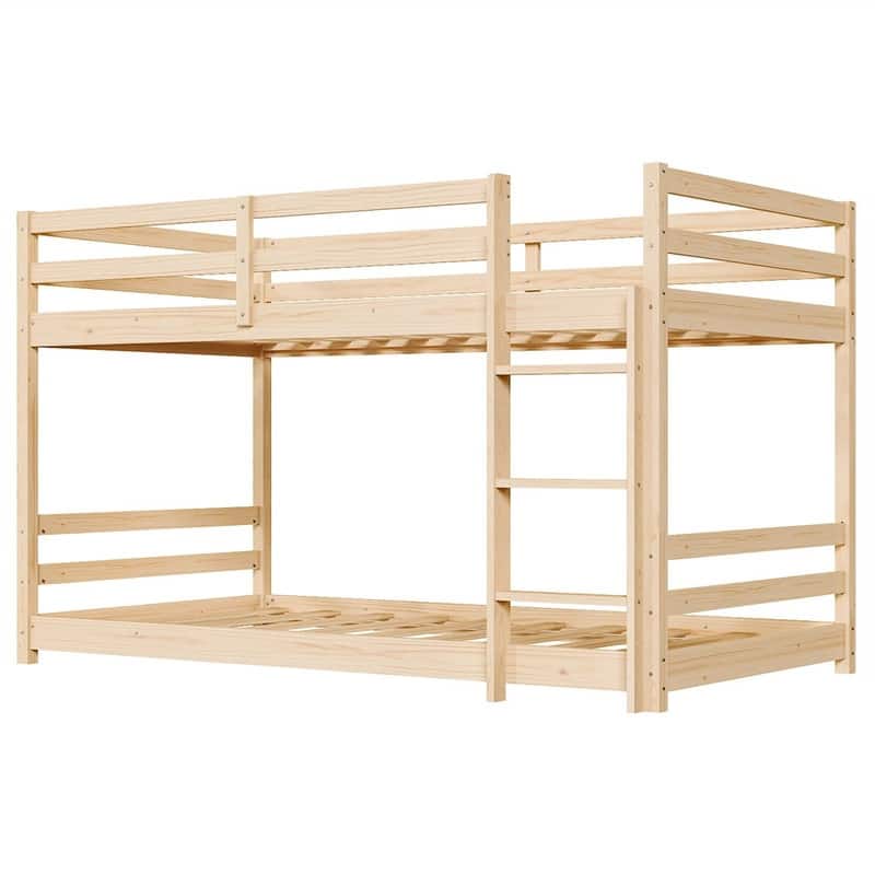 Kids Low Floor Bunk Bed Twin Over Twin With Guard Rails And Stairs