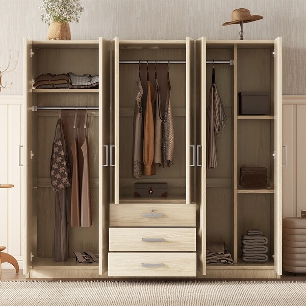 6-Door Wooden Armoire & Wardrobe with Locking Drawer and Modern
