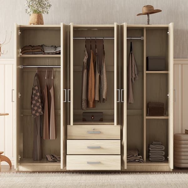 slide 2 of 9, 68" High Armoire Closet Cabinet for Bedroom, Classic Brown Freestanding Floor Big Wardrobe with Hanging Clothes Rod & Drawers Brown