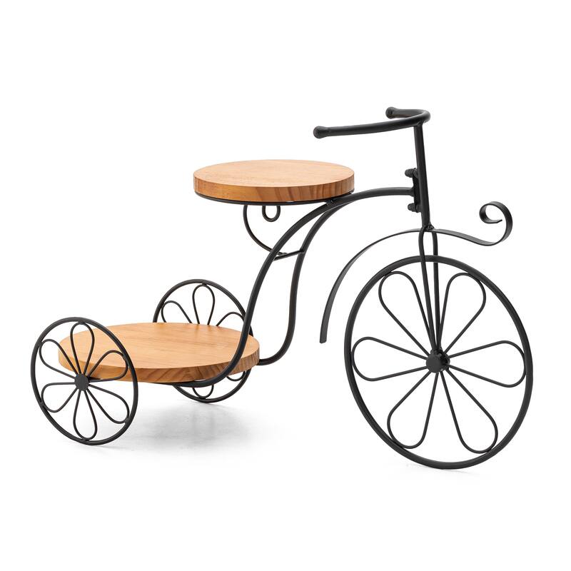 Glitzhome 24"L Spring Metal Tricycle Planter Stands Flower Pot Cart with Wood Trays