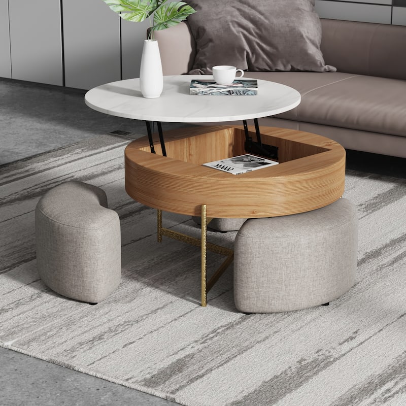 31.5'' Modern Round Lift-Top Coffee Table Set with Storage & 3 Ottomans ...