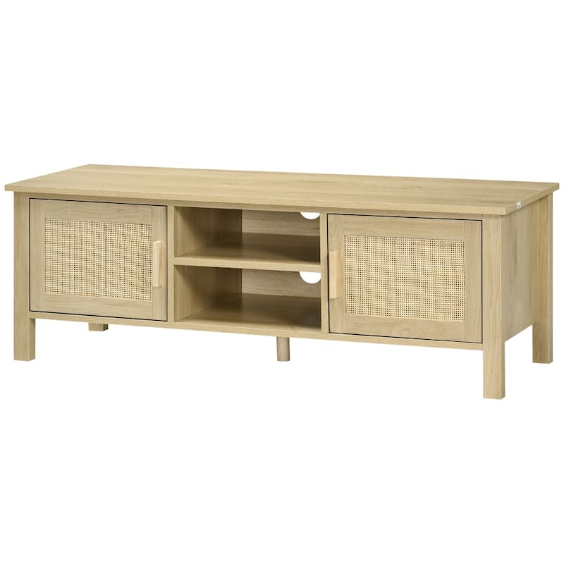 TV Console for 60" TV, Natural Wood Entertainment Center with Rattan Doors, Adjustable Shelves, and Storage Cabinets