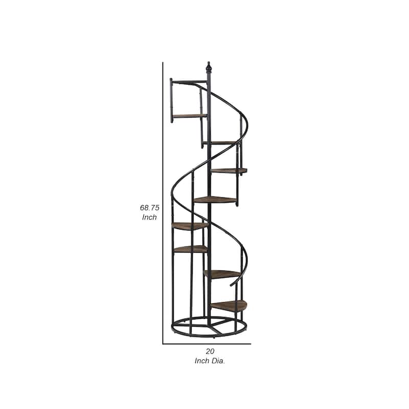 69 Inch Wood Bookcase, Spiral Metal Frame, Staircase Design, Brown