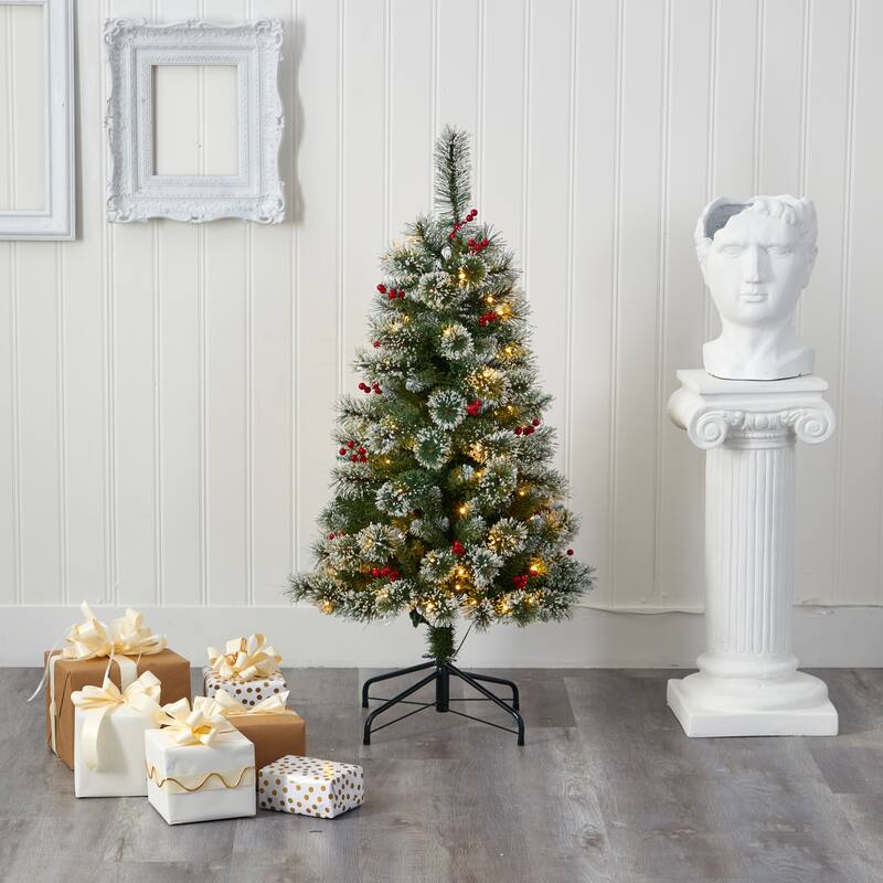 4’ Pre-Lit Frosted Swiss Pine with Berries Artificial Christmas Tree, Clear LED Lights - 4 Foot