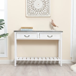 Farmhouse Distressed White Wood and Galvanize Top Console Table - 31.5" H x 43.5" W x 14" D