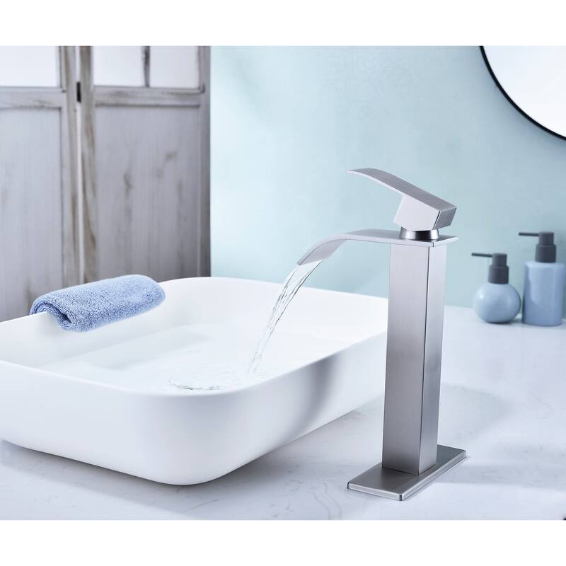 Waterfall Spout Bathroom Sink Single Handle Faucet with Pop-Up Drain (No Overflow)