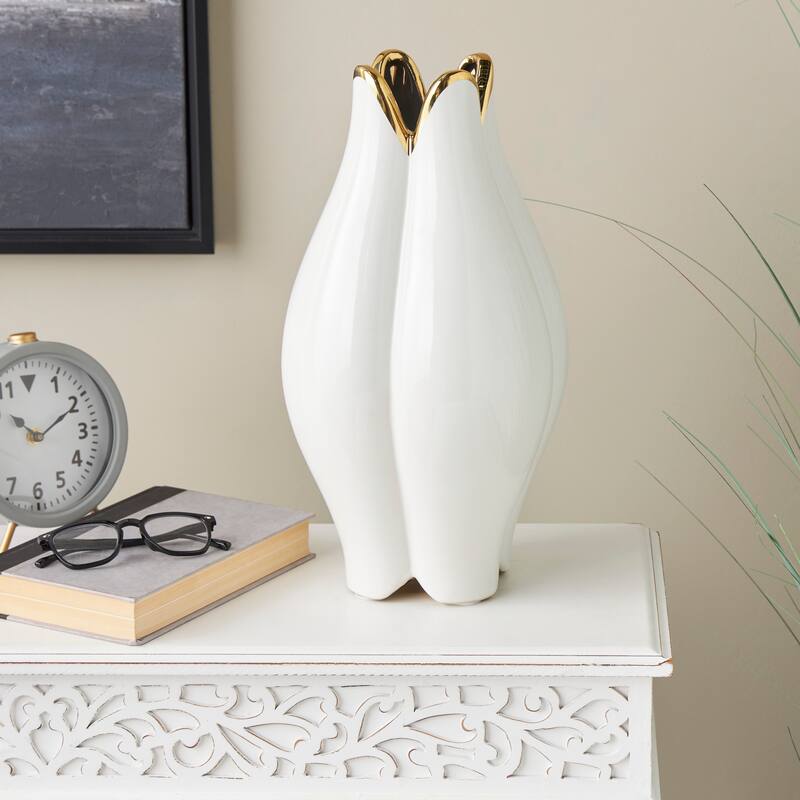 White Ceramic Dimensional Tulip Shaped Vase with Metallic Gold Rim - White - 8"W, 16"H