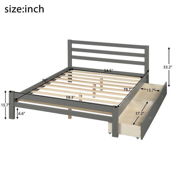 dimension image slide 3 of 4, Wooden Platform Bed Frame with 2 Drawers & Headboard, Twin/Full Size