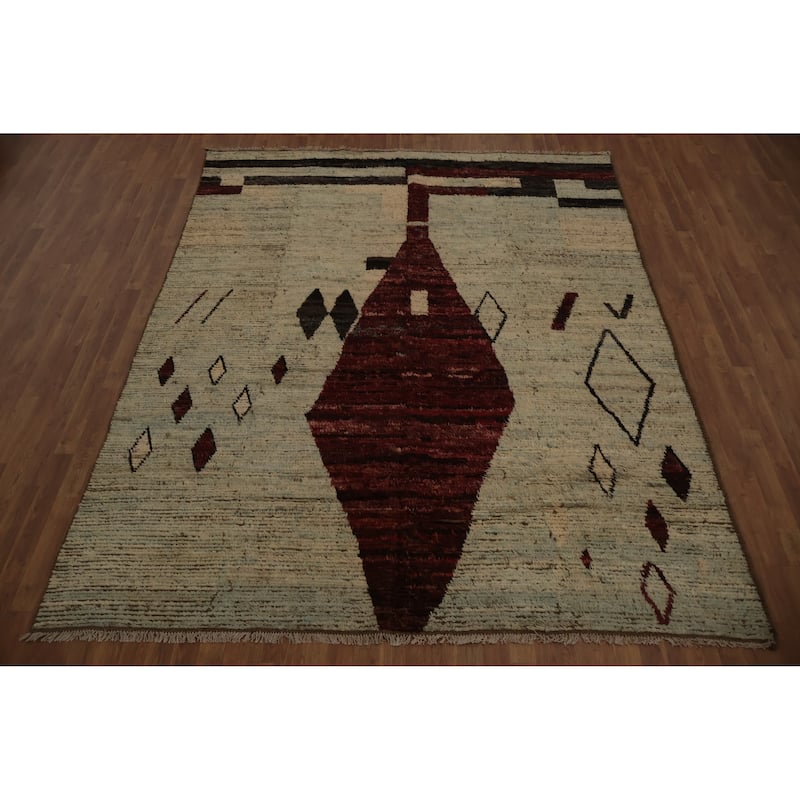 Hand Knotted Oriental 100% Wool Carpet Modern Tribal Beige & Ivories Moroccan Area Rug - 9' 10'' X 8' 0''