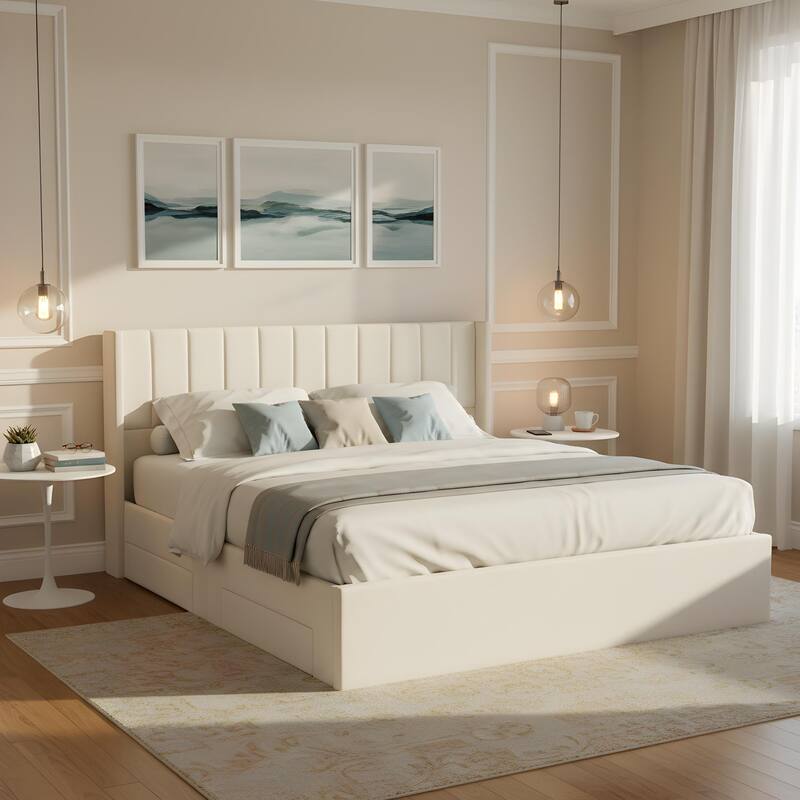 Christopher Knight Home - Modern Upholstered Storage Bed with Drawers and Vertical Headboard