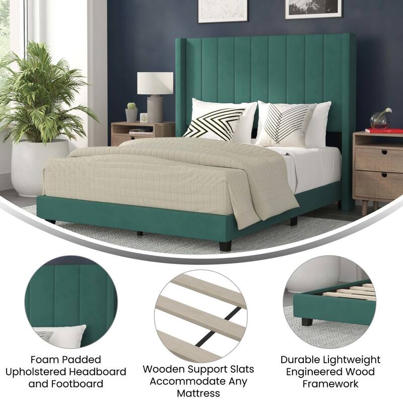 Upholstered Platform Bed with Wingback Headboard